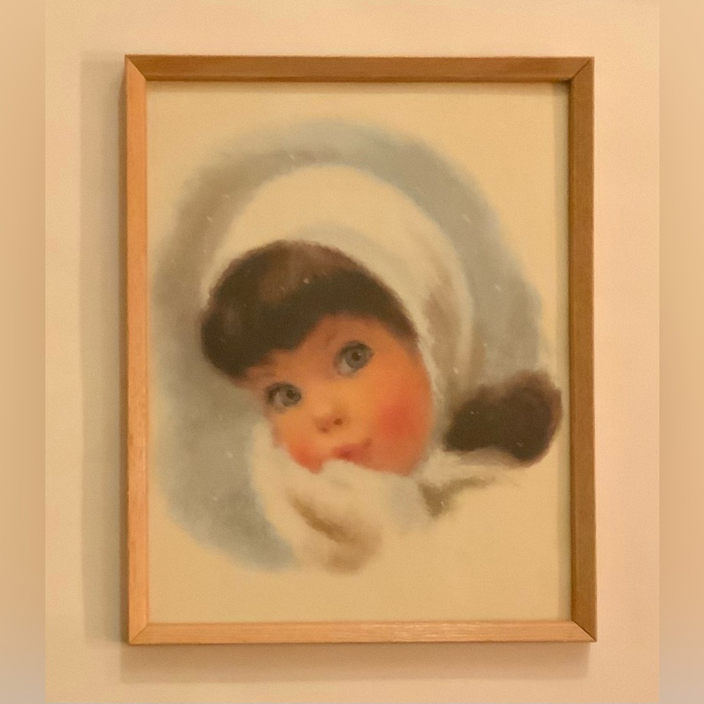 Vintage Framed Frances Hook Portrait of Girl in Winter Hood